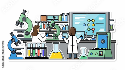 Two scientists working in a lab with microscopes, beakers, and a digital display