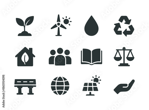 Sustainable Icons Collection. Sustainable development. Solid icon set of sustainable development: plant sprout, renewable energy, water drop, recycling arrows,