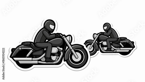 Two cartoon motorcyclists in black gear ride powerful cruisers