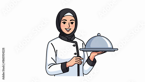 Smiling individual in chef attire offers a covered dish