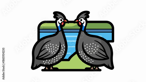 Two spotted birds stand facing each other in front of a stylized water scene