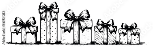 Hand drawn line art gift boxes set featuring various decorated presents with bows for holiday celebrations and special occasions