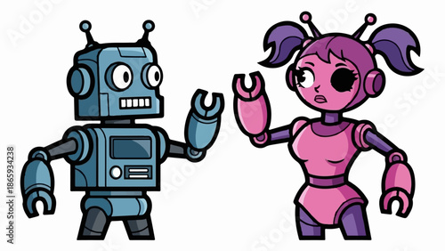 Two cartoon robots, one blue and one pink, stand facing each other with robotic arms extended