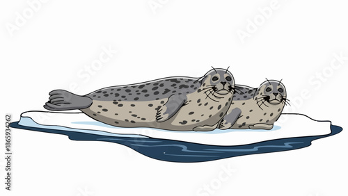 Two spotted seals rest on a floating ice floe in blue water