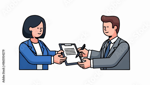 Two business people shaking hands over a document on a clipboard