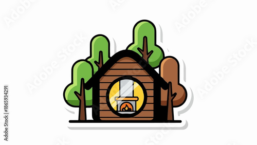 Rustic cabin with a cozy fireplace nestled amidst vibrant green and brown trees