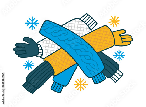 Layered Knit Design. Layered knits. Multiple sweater sleeves overlap, showing various textures and patterns; soft geometric snowflakes float near. Modern