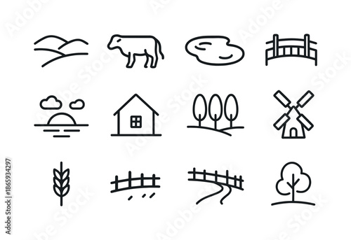 Countryside Icon Set. Sunset Countryside. Line icon set of Sunset Countryside: hills, grazing cattle, pond outline, wooden bridge, field fence, sunset disc,