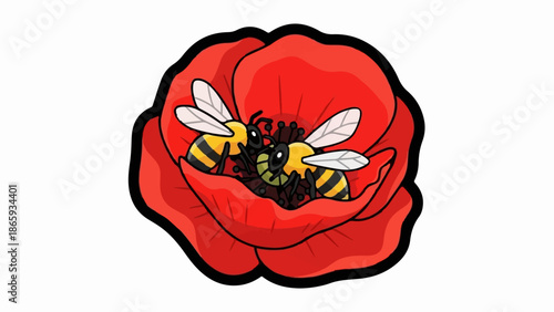 Two striped bees in a vibrant red poppy, their fuzzy bodies dusted with yellow pollen