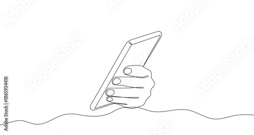 A hand holds a vertically oriented smart phone. A symbol of communication, technology, and mobility. Drawing in one line art style with editable black stroke. Vector illustration.