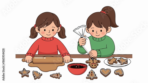Two children happily making Christmas cookies, one rolling dough, the other decorating