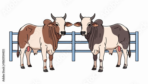 Two stylized cattle with distinctive humps stand near a blue fence