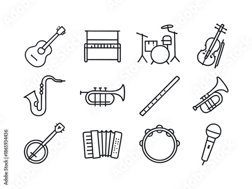 Musical Instruments Icons. Instruments. Line icon set of Instruments: guitar, piano, drum set, violin, saxophone, trumpet, flute, harp, banjo, accordion,