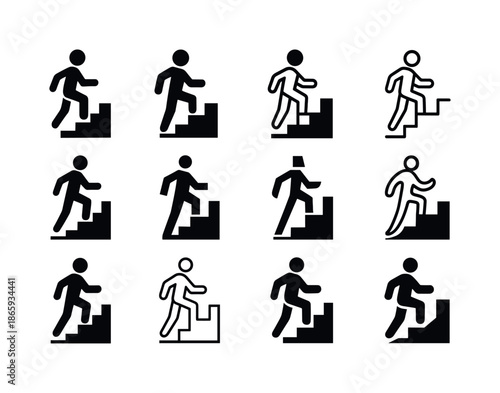 Poverty Alleviation Icons. poverty alleviation. Icon set. Set Logo of poverty alleviation: figure climbing upward steps. harmonious logo variations of the same