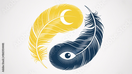 Yin and yang symbol composed of feathers moon and all seeing eye
