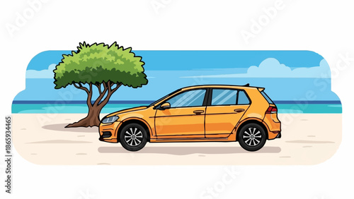 Yellow car parked on a sandy beach by the ocean under a blue sky with clouds