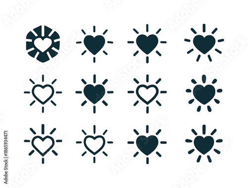 Inspirational Heart Logos. Inspirational. Icon set. Set Logo of inspirational: heart with rays. harmonious logo variations of the same emblematic concept, each