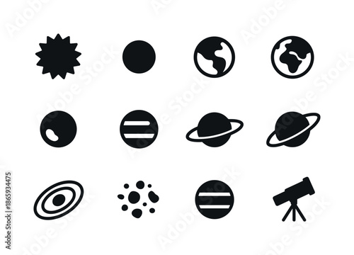 Solar System Icons. Solar system. Solid icon set of Solar system: sun, mercury, venus, earth, mars, jupiter, saturn, uranus, neptune, asteroid belt, orbit