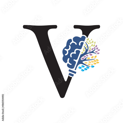 Brain Tree Logo  combine with letter V vector template