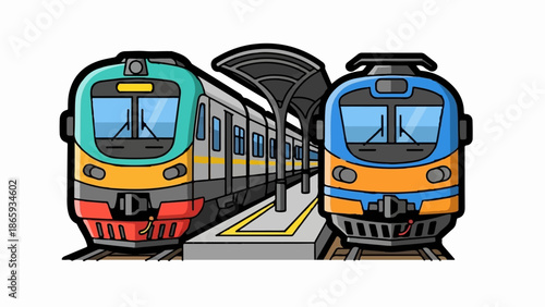 Two colorful cartoon trains sit side by side at a station platform under a canopy