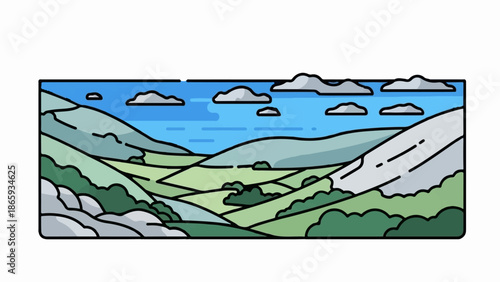 Stylized rolling hills and sky with clouds, green vegetation