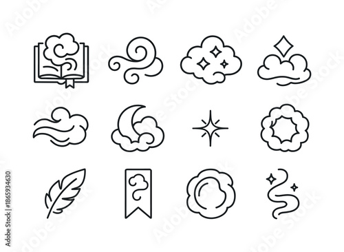 Mystical Cloud Icons. Mystical cloud tales. Line icon set of mystical cloud tales: enchanted book, mist swirl, star cloud, floating symbol, airy ribbon,