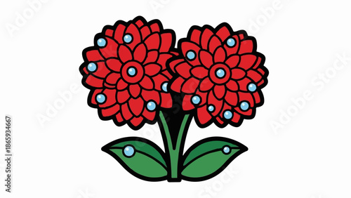 Two stylized red flowers with light blue dewdrop accents on green stems and leaves