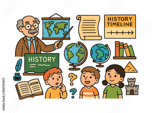 History Class Doodles. History professor class. Colorful Hand-drawn doodle Children illustration History professor class professor with pointer, world map, old