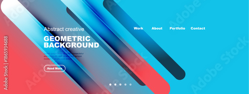 Modern website header design. Vibrant colors, geometric shapes, text overlays, navigation menu present. Clean aesthetic.