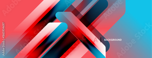 Abstract geometric design. Overlapping layers create dynamic visual effect. Red, blue, pink gradients dominate composition. Modern, vibrant.