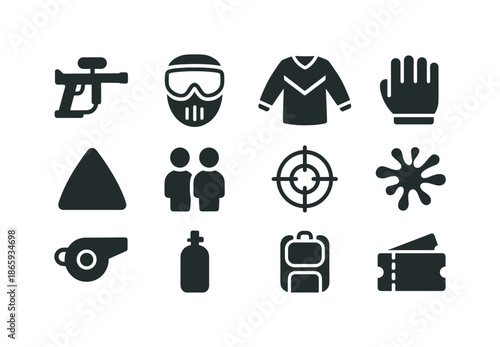 Paintball Gear Icons. Recreational paintball. Solid icon set of Recreational paintball: marker, mask, jersey, casual gloves, simplified bunker, team icon,