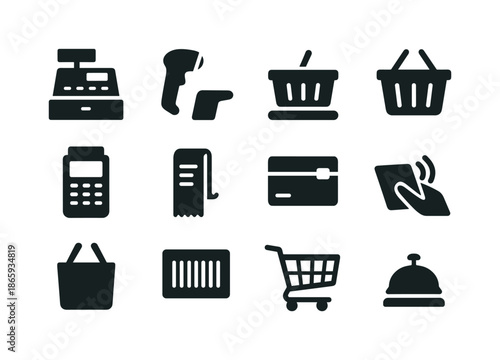 Retail Checkout Icons. Retail checkout. Solid icon set of Retail checkout: cash register, barcode scanner, conveyor belt, shopping basket, POS terminal,