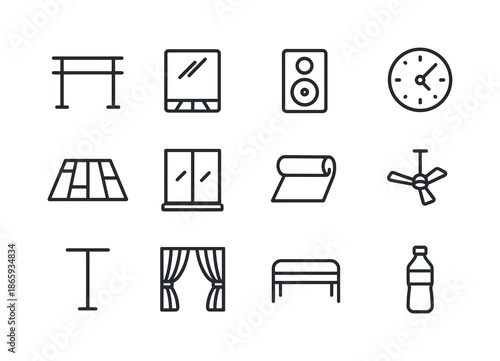 Dance Studio Icons. Dance studio. Line icon set of Dance studio: barre, mirror, wooden floor, speaker, clock, window, yoga mat, fan, ballet pole, curtains,