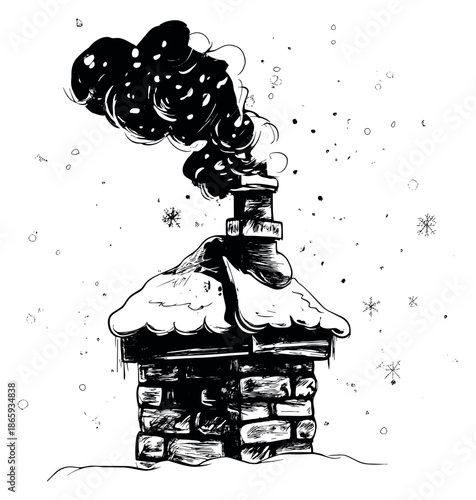 Hand drawn line art illustration of a snowy chimney depicting smoke rising for a winter scene