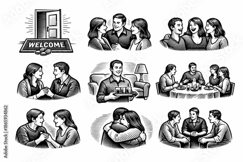 Collection of illustrations depicting social interactions and hospitality