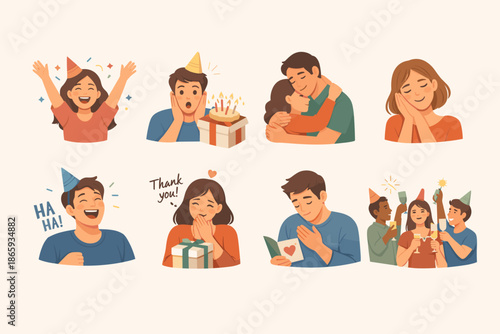 Celebration and birthday moments illustration set with diverse expressions