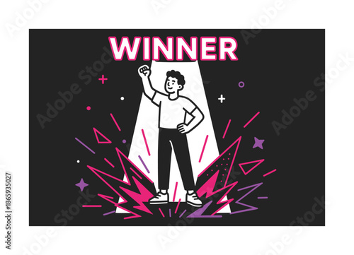 Champion's Radiant Spotlight. Victory spotlight. A contestant stands tall, illuminated by a clean beam; dynamic geometric sparks burst at their feet. ?WINNER?