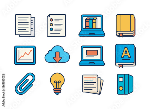 Research Tools Icons. academic research tools. Colorful isometric vector icons set of academic research tools: research papers, citation sheet, digital library