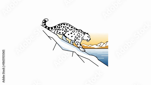 Snow leopard descends snowy mountain slope toward icy water and distant peaks under warm sky