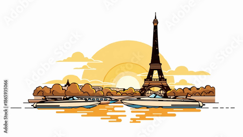 Stylized Eiffel Tower with boats on a river during sunset with clouds