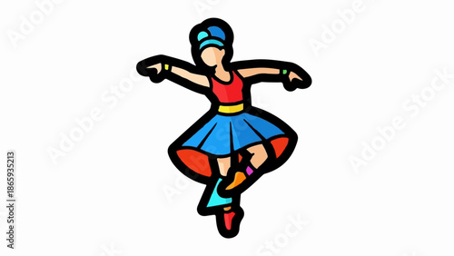 Stylized cartoon figure in a dynamic dance pose with colorful attire