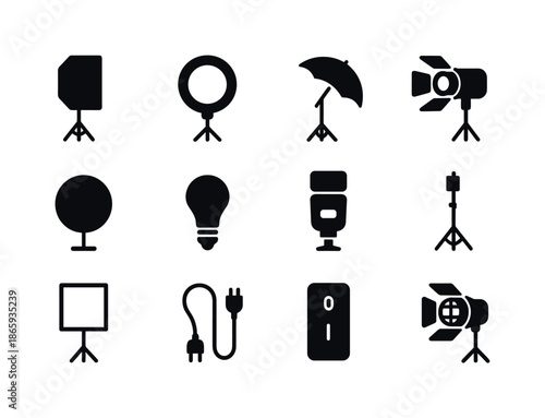 Studio Lighting Icons. Studio lighting. Solid icon set of Studio lighting: softbox, ring light, umbrella light, spotlight, reflector, bulb, flash, light stand,