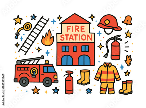 Children's Fire Station Doodle. Fire Station. Colorful Hand-drawn doodle Children illustration Fire Station fire truck, hose, ladder, helmet, stars, sparkles,