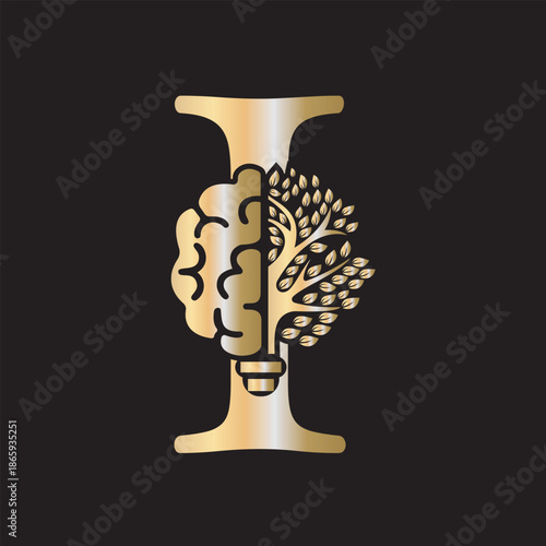 Brain Tree Logo  combine with letter I vector template