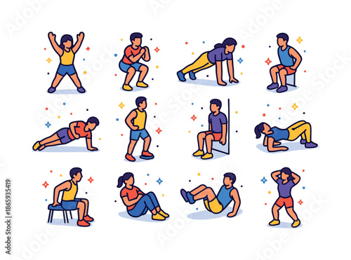 Colorful Exercise Icons. Bodyweight Training. Colorful isometric vector icons set of Bodyweight Training: jumping jacks, squat jump, plank walkout, lunge step,