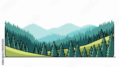 Stylized evergreen forest and rolling hills, with misty mountains in the distance