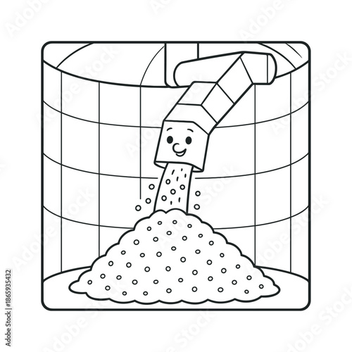 Coloring Silo Adventure. Silo chute system children?s coloring book illustration, outlined drawing, interior of silo with cartoon chute dropping grain into a