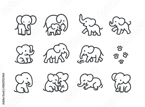 Baby Elephant Icons. Baby elephants. Line icon set of Baby elephants: small elephant, elephant with parent, trunk up baby, playful stomp, baby sitting, baby