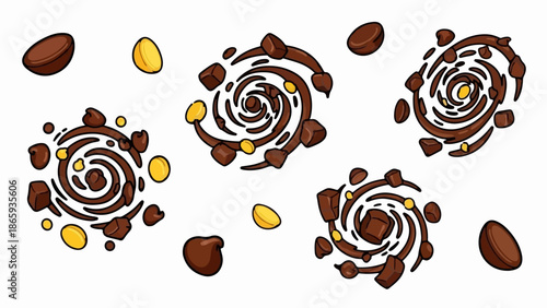 Swirling chocolate bits and yellow candies arranged in a playful, abstract pattern