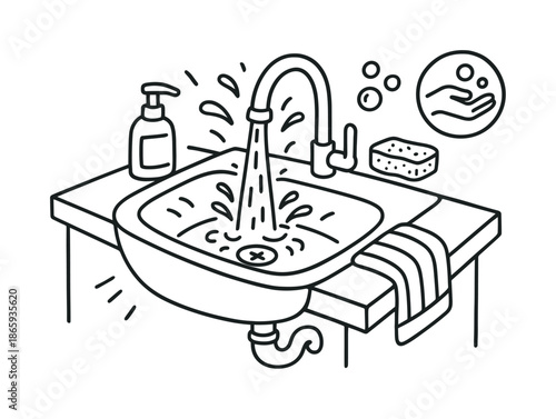 Kitchen Sink Doodle. Sink. Hand-drawn doodle illustration Sink kitchen faucet, bowl shape, water stream, soap pump, countertop corner, dish sponge, towel